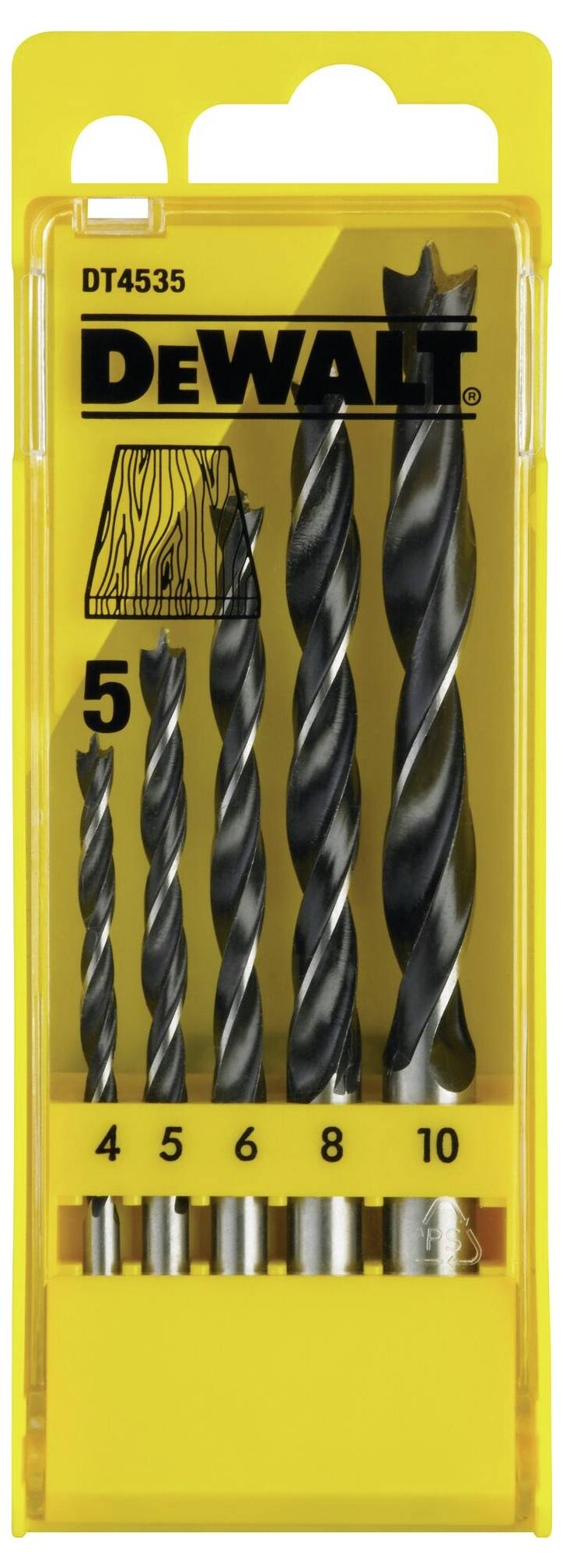 Päťdielná sada vrtákov DeWalt s veľkosťami 4 až 10 mm v žltom boxe, určená na presné vŕtanie do drevených povrchov.