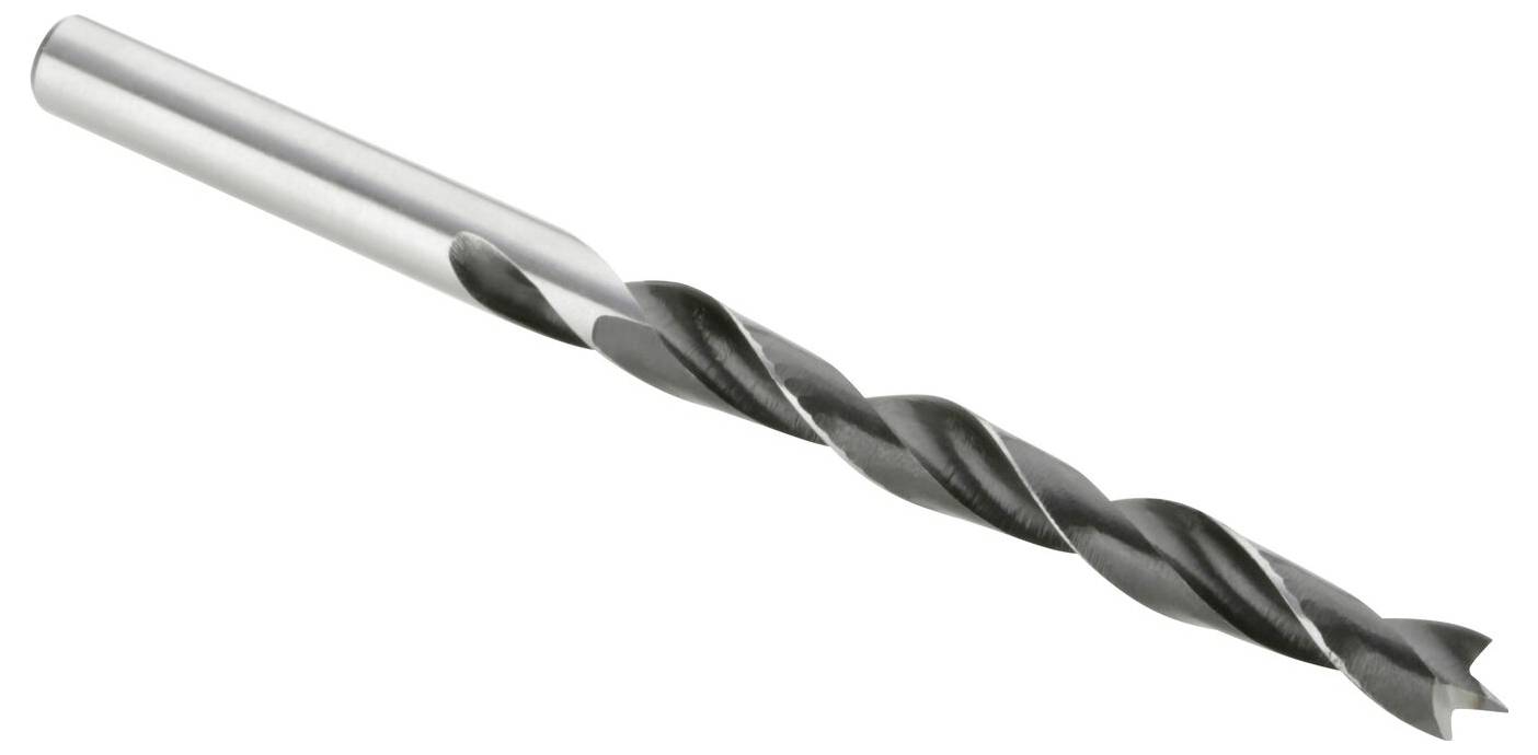Šedý špirálový vrták so strieborným driekom a čiernym hrotom leží diagonálne. Vhodný na vŕtanie do kovu a dreva.