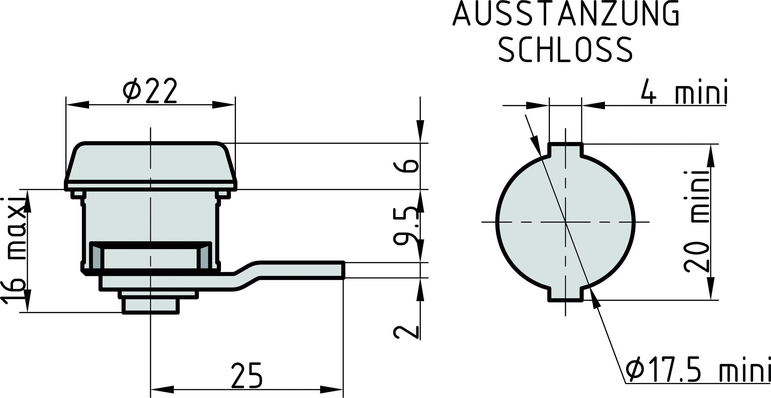 Technický výkres kľúčového otvoru s rozmermi: celkový priemer 22 mm, hĺbka 9,5 mm, dĺžka 26 mm, montážny otvor 17,5 mm.