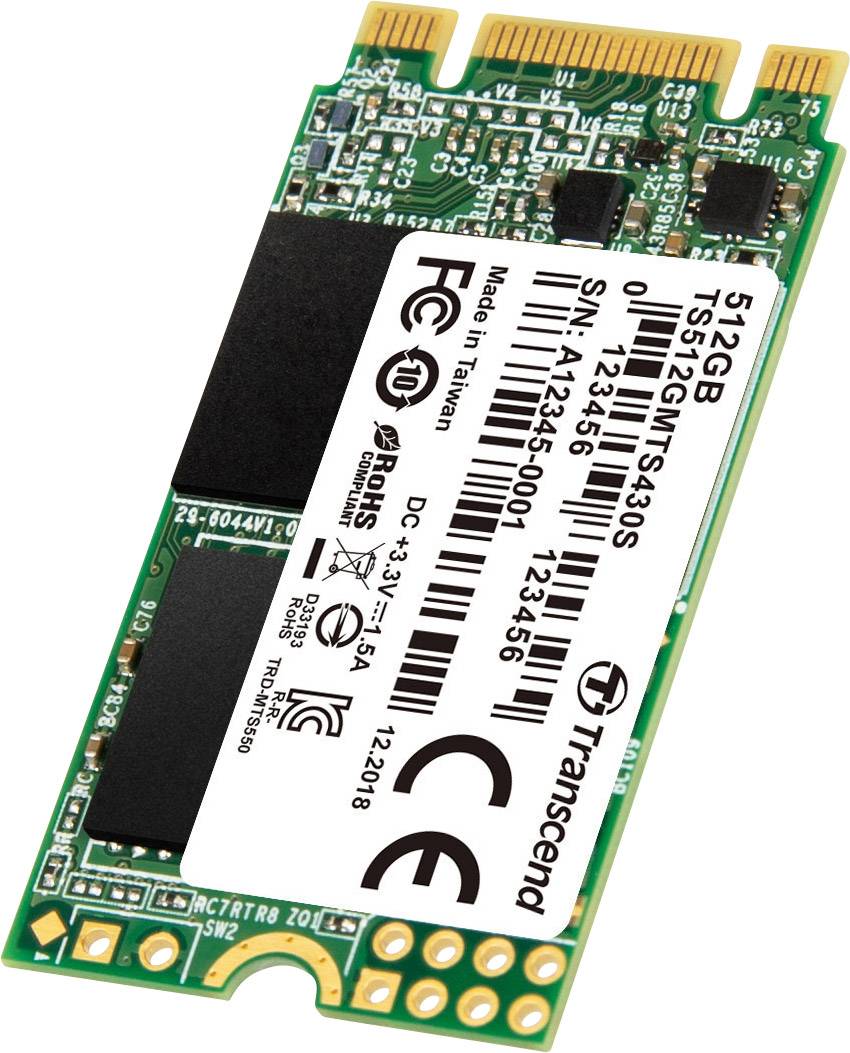 512GB M.2 SSD od Transcendu s technickými údajmi na etikete, vhodná pre upgrady počítačov a rozšírenie úložného priestoru.