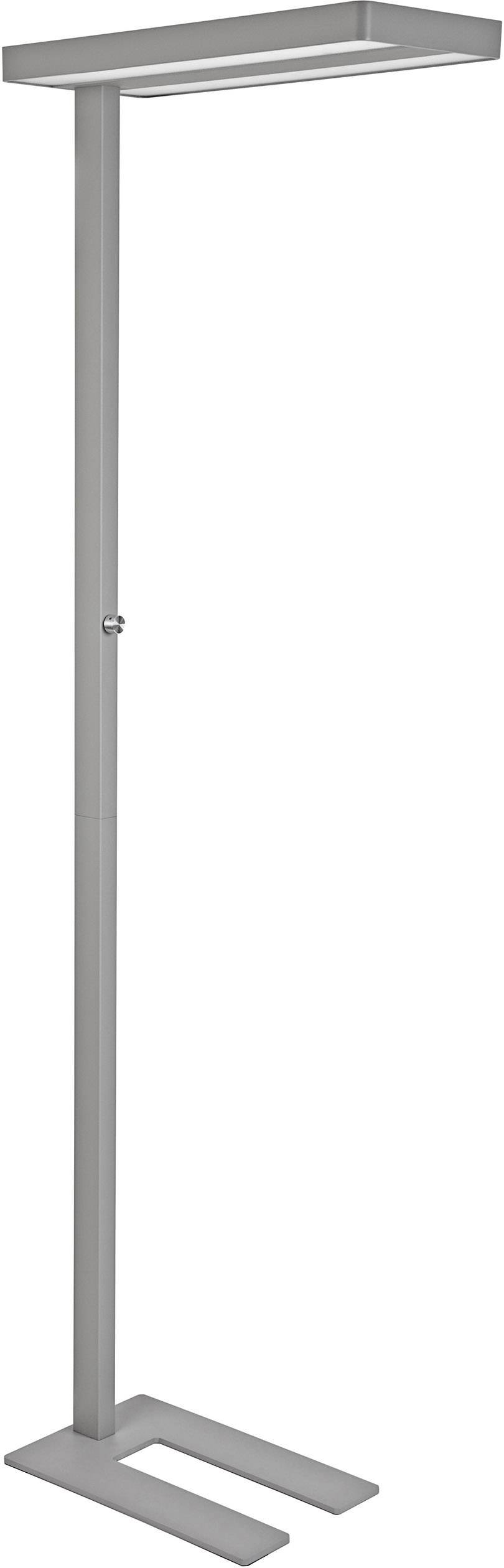 Sivá, moderná stojanová lampa s obdĺžnikovým tienidlom a U-tvarovým podstavcom. Vhodná pre minimalistický interiér.