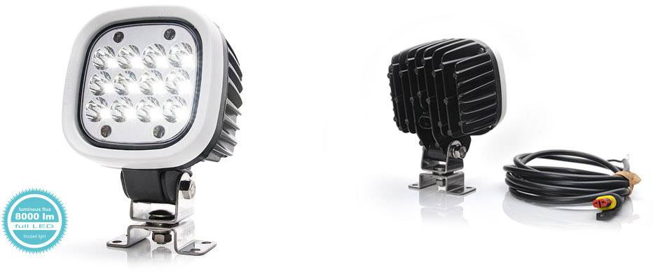 LED pracovná lampa: Dva pohľady na lampu, spredu so 16 LED diódami a zozadu s chladiacimi rebrami. Vpravo je vidieť kábel.