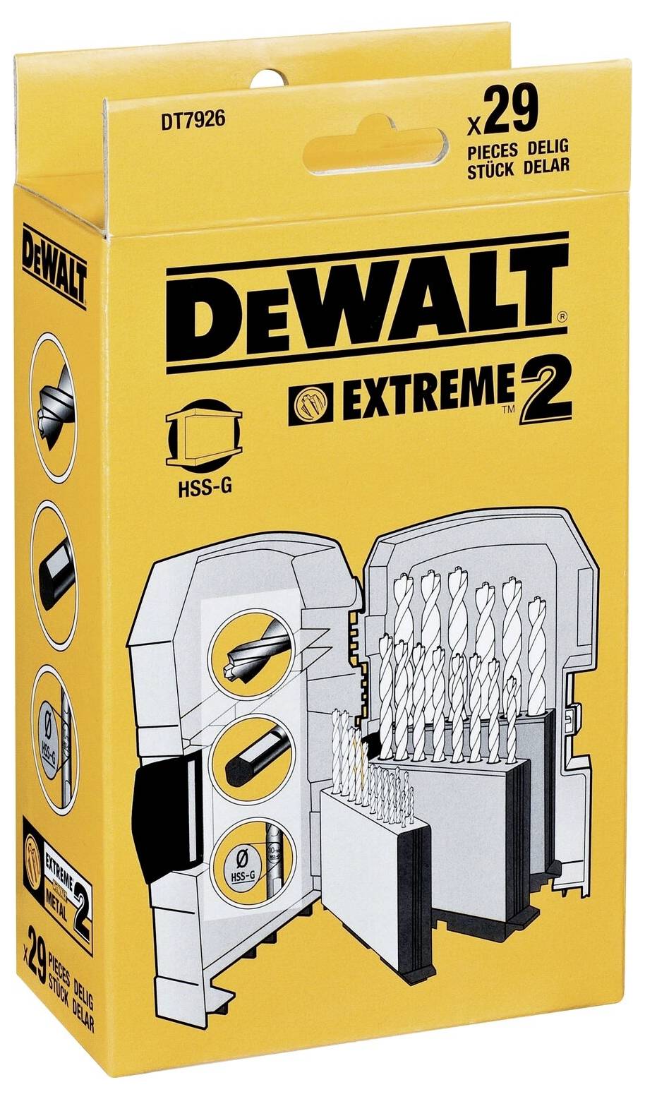 Sada vrtákov DEWALT Extreme 2 pozostávajúca z 29 HSS vrtákov, v žltom obale s vyobrazením sady a logom značky, katalógové číslo DT7926.
