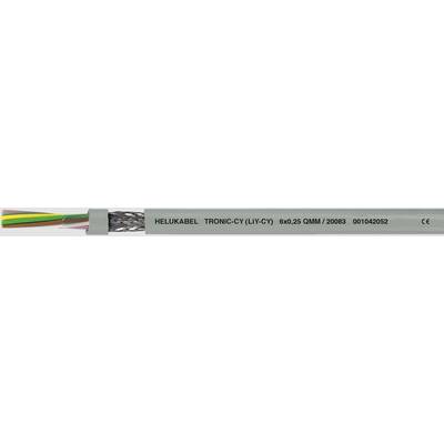 Sivý kábel s označením 'HELUKABEL TRONIC-CY (LiY-CY) 00435 0.14mm² PVC 80°C 300V'. Viacžilový, opletený, s farebnými vodičmi.