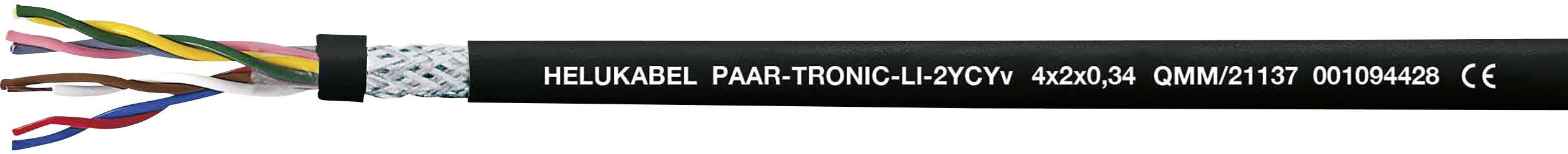 Čierny kábel s nápisom 'Helukabel PAAR-TRONIC-LYCY(C) 4x2x0.34'. Vľavo sú viditeľné farebné drôty.