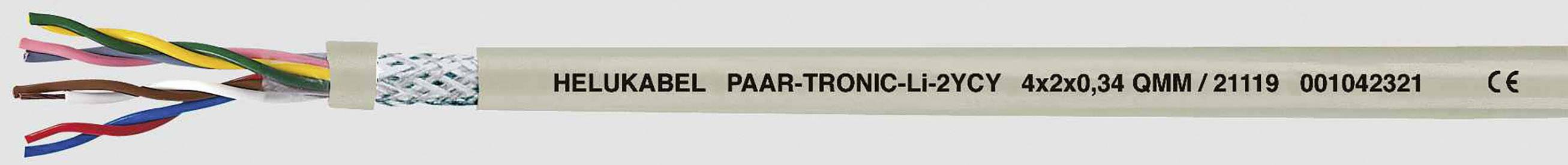 Dátový kábel s viacerými farebnými skrútenými párovými vodičmi, označený štítkom 'HELUKABEL PAAR-TRONIC-CY-CY 4x2x0,34' a s CE značením.
