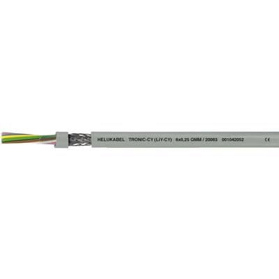 Sivý viacžilový kábel s označením: 'HELUKABEL TRONIC-CY (LiYCY) 600V 5G0.25 CUL/CMI AWM 2092B 00102082 CE', opletený kovovým oplechovaním.