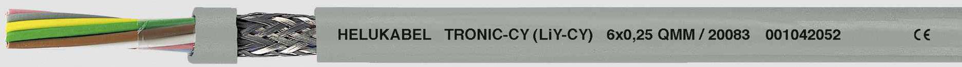 Sivým plášťom obalený kábel s farebným vnútorným vedením a kovovým opletením. Potlač uvádza 'HELUKABEL TRONIC-CY (Li-CY)'.