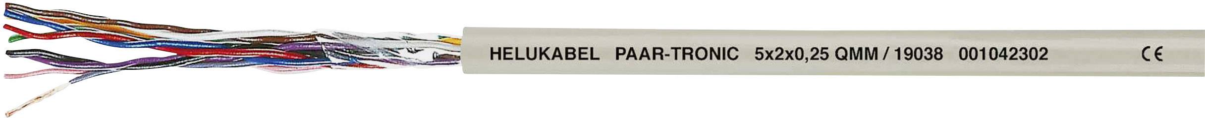 Sivý kábel s viacerými farebnými vodičmi. Označenie: 'HELUKABEL PAAR-TRONIC 6x2x0,25 QMM / 70389 00104202 CE'.
