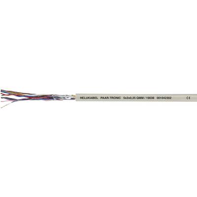 Sivý kábel s viacerými farebnými vodičmi. Označenie: 'HELUKABEL PAAR-TRONIC 6x2x0,25 QMM / 70389 00104202 CE'.