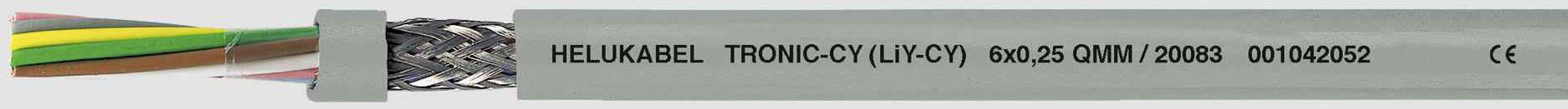 Sivý kábel s čiernym textom 'HELUKABEL TRONIC-CY (LI-CY) 0.6/1kV 20088 00064082 CE'. Kábel zobrazuje farebné vodiče.