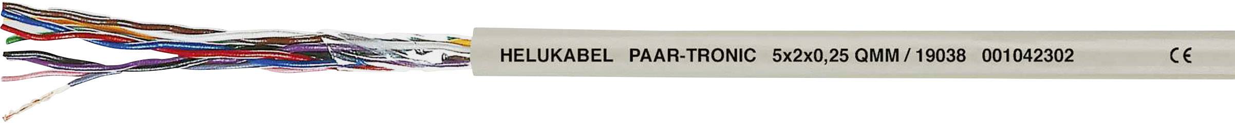 Viacžilový kábel so zeviditeľnenými farebnými vodičmi. Nápis: 'HELUKABEL P/N A-TRONIC 5x2x0,25 GMM/10098 00104292 CE'.