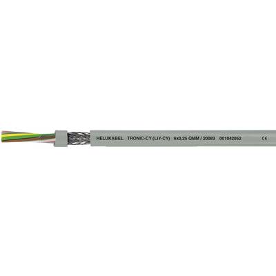 Sivý izolovaný kábel s farebnými vnútornými vodičmi viditeľnými. Nápis: 'HELUKABEL TRONIC-CY (LiYCY) 003435 08MM 7x0,25'.