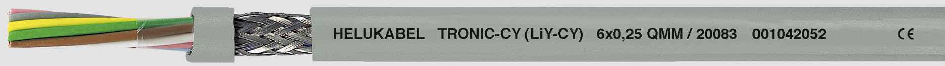 Kábel s označením 'HELUKABEL TRONIC-CY (Li-CY) 4x0,25 QMM//20088 DIN0492'. Obsahuje viaceré farebné drôty. Označenie CE je viditeľné.