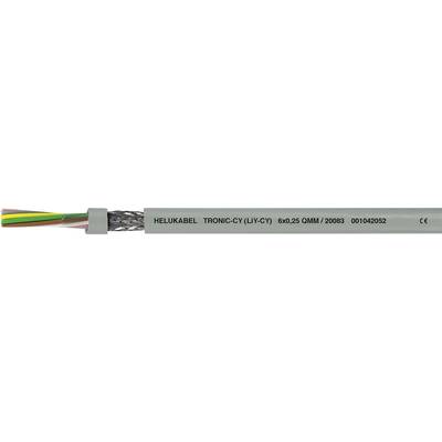 Kábel s nápisom 'HELU KABEL TRONIC-CY (LiY-CY) 00483 01A00 AWG28 11/0448 28 CE' zobrazuje farebné vodiče a kovovú tieniacu vrstvu.