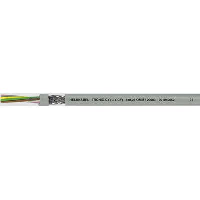 Sivý elektrický kábel s nápisom 'HELU KABEL TRONIC-CY (LIYCY) 0045 CALM / 2008 00104002'. Vľavo sú farebné, holé vodiče.