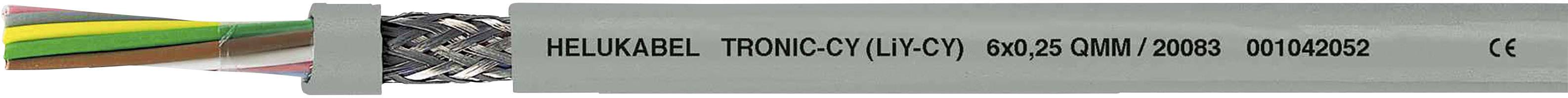 Kábel s ochranným plášťom. Tlačený text: 'HELUKABEL TRONIC-CY (LIFY-C) 3x0,25 CL3M / FRNC 07052402'. Slúži na elektrickú signálovú komunikáciu.