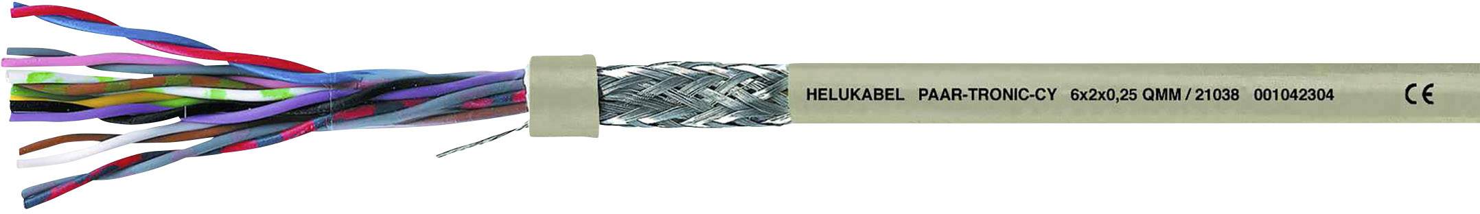 Kábel s viacerými farebnými vodičmi a strieborným tienením. Označený textom 'Helukabel ParaTronic-CY 00201513 CM'.