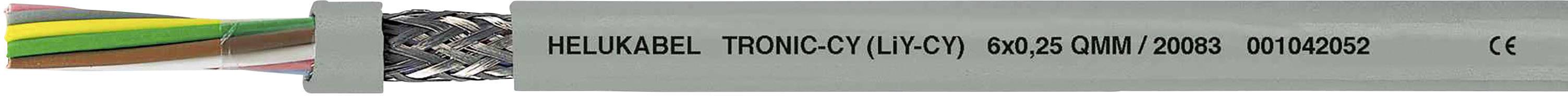 Viacžilový kábel s kovovým opletením. Text na kábli: 'HELUKABEL TRONIC-CY 1(5×0,25) 604 05 CM 20286' a značka CE.