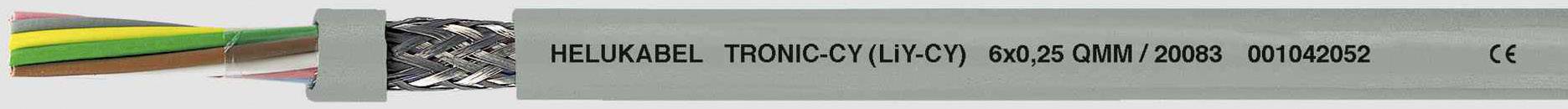 Sivý kábel s čiernym nápisom: HELUKABEL TRONIC-CY (LFLEX) 80°C 5G0,25 AWM 20998 0000202 CE. Farebné vodiče sú viditeľné.