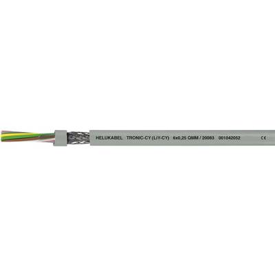 Detailný záber sivého kábla značky Helukabel s nápisom 'TRONIC-CY (LiYCY) 600 V', zobrazujúci farebné vnútorné vodiče.
