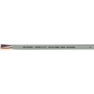 Sivý kábel s viacfarebnými vnútornými vodičmi. Popis: 'HELUKABEL TRONIC (LIY) 10x0,25 QMM/18/65 00102208 CE'.