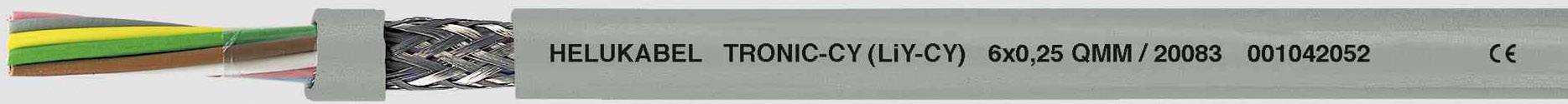 Kábel s nápisom 'HELKABEL TRONIC-CY (LI-CY)'. Strieborný plášť, vo vnútri viditeľné farebné vodiče.