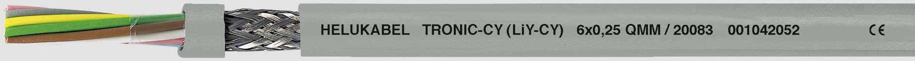 Kábel s nápisom 'HELUKABEL TRONIC-CY (LiYCY) 50 x 0,5 C AWG28 DIN 0242'. Farebne kódované drôty a tienenie viditeľné.