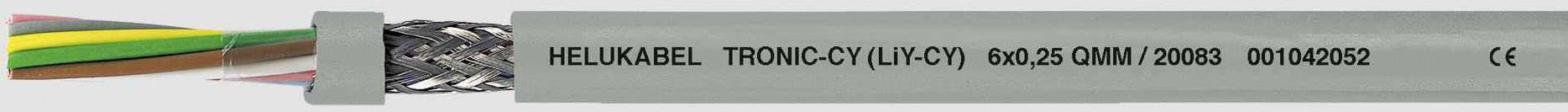 Sivý kábel s nápisom 'HELUKABEL TRONIC-CY (LiYCY) 00450 OHM 20086'. Pri odizolovanom konci je viditeľné kovové opletenie.