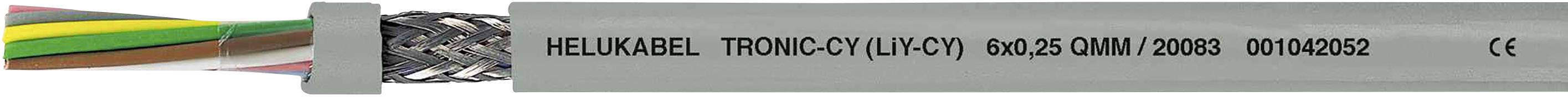 Obrázok sivého elektrického kábla s viditelnými vnútornými vodičmi viacerých farieb. Nápis: 'HELUKABEL TRONIC-CY (LIYCY)...'.