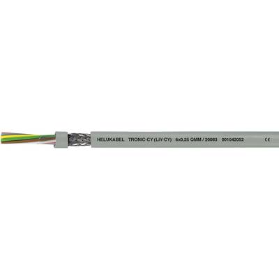 Obrázok sivého elektrického kábla s viditelnými vnútornými vodičmi viacerých farieb. Nápis: 'HELUKABEL TRONIC-CY (LIYCY)...'.