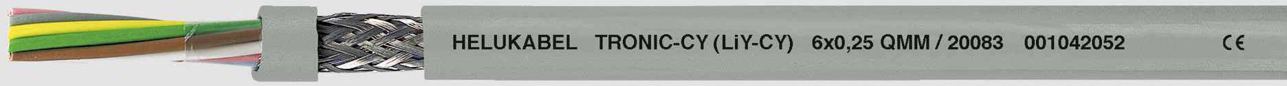 Sivý kábel s farebnými vodičmi a nápisom: 'HELUKABEL TRONIC-CY 6x0,25 QMM / 20088 DVO00882'.