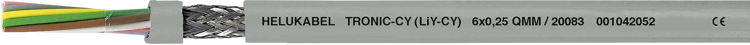 Viacžilový kábel so sivým plášťom; nápis: 'HELUKABEL TRONIC-CY (LiYCY) 004.05 CALM 2008' a označenie CE.