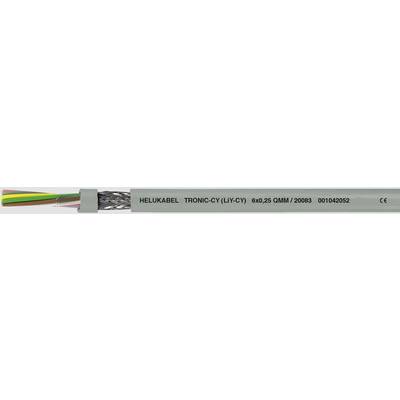 Pohľad na viacžilový kábel 'HELU KABEL TRONIC-CY (LI-CY) 0,6/0,5 DIN VDE' s ochranným plášťom a textovým označením.