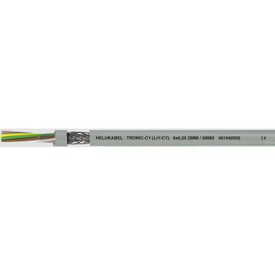 Kábel s nápisom 'HELUKABEL TRONIC-CY (LiYCY) 80°C 5x0,5 qmm/AWG20 BYO/DA/2'. Zobrazuje vonkajšie tienenie a interné vodiče.
