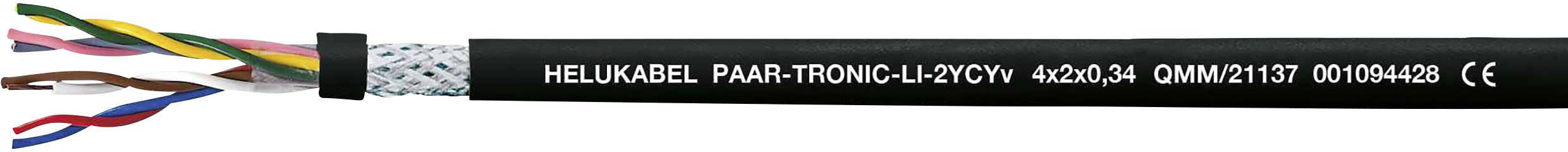 Kábel s označeným čiernym plášťom a farebnými vodičmi, nápis: 'HELUKABEL PAAR-TRONIC-LAYCYBK-Kx2x0,5...'.