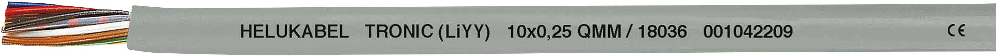 Sivý kábel s nápisom 'HELUKABEL TRONIC (LiYY) 10x0,25 qmm 18809 09/04208' s viacerými farebnými vodičmi.