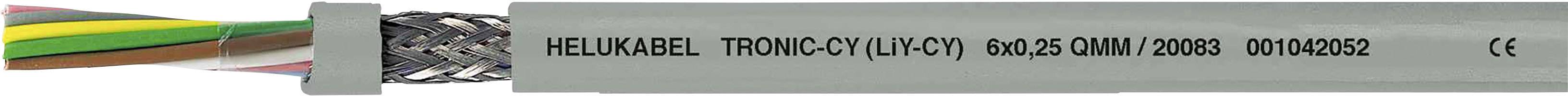 Sivý priemyselný kábel s nápisom 'HELUKABEL TRONIC-CY (LiY-CY)'. Ukazuje niekoľko viacfarebných žíl v priečnom reze.