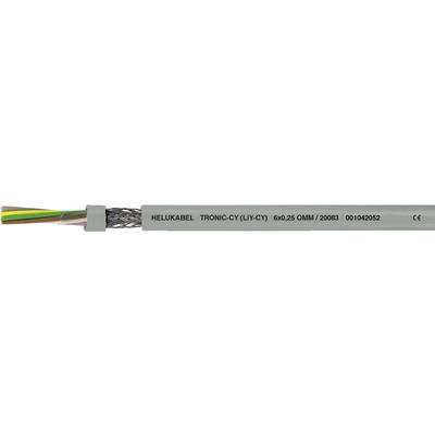 Sivý priemyselný kábel s nápisom 'HELUKABEL TRONIC-CY (LiY-CY)'. Ukazuje niekoľko viacfarebných žíl v priečnom reze.