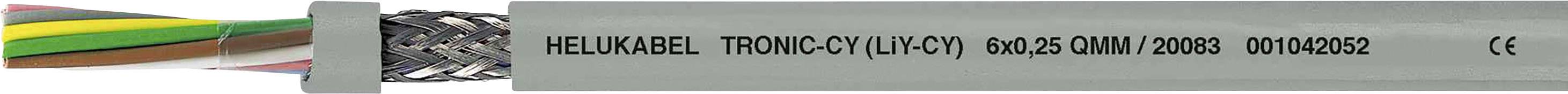 Sivý kábel s popisom 'HELUKABEL TRONIC-CY (LiYCY)'. Viditeľné vodiče vo viacerých farbách. Označenie CE na konci.