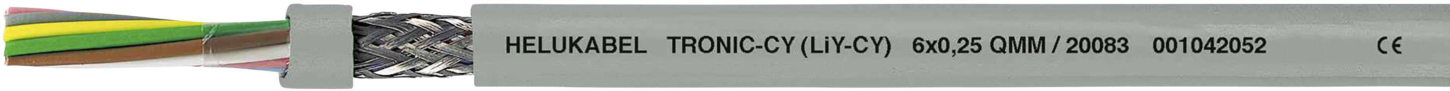 Sivý kábel s nápisom: 'HELUKABEL TRONIC-CY (LiYCY) 600/05 CBM/0898 100/03/02 CE'. Plášť kábla ukazuje farebné vodiče.