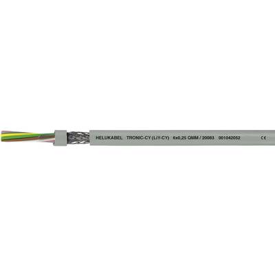Sivý kábel s nápisom: 'HELUKABEL TRONIC-CY (LiYCY) 600/05 CBM/0898 100/03/02 CE'. Plášť kábla ukazuje farebné vodiče.