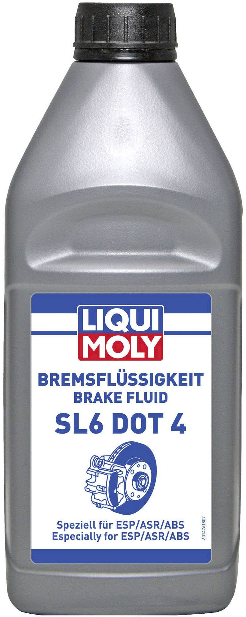 Plastová fľaša brzdovej kvapaliny od Liqui Moly. Označená ako 'SL6 DOT 4', vhodná pre systémy ESP/ASR/ABS.