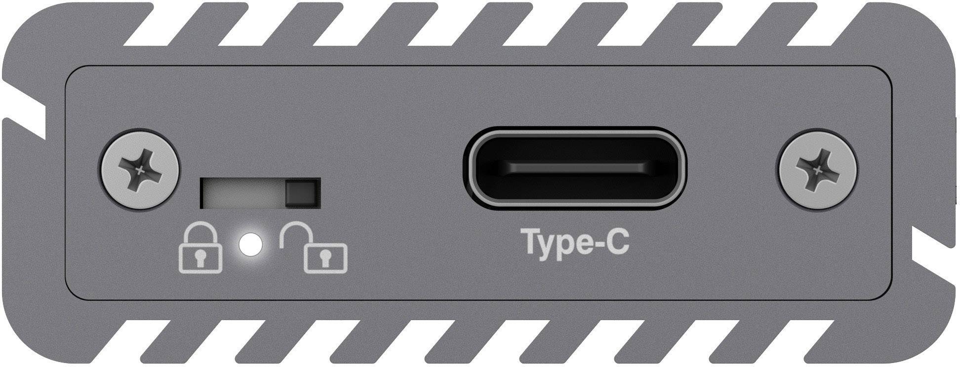 Sivé kovové zariadenie s USB Type-C portom a symbolom bezpečnostného zámku.