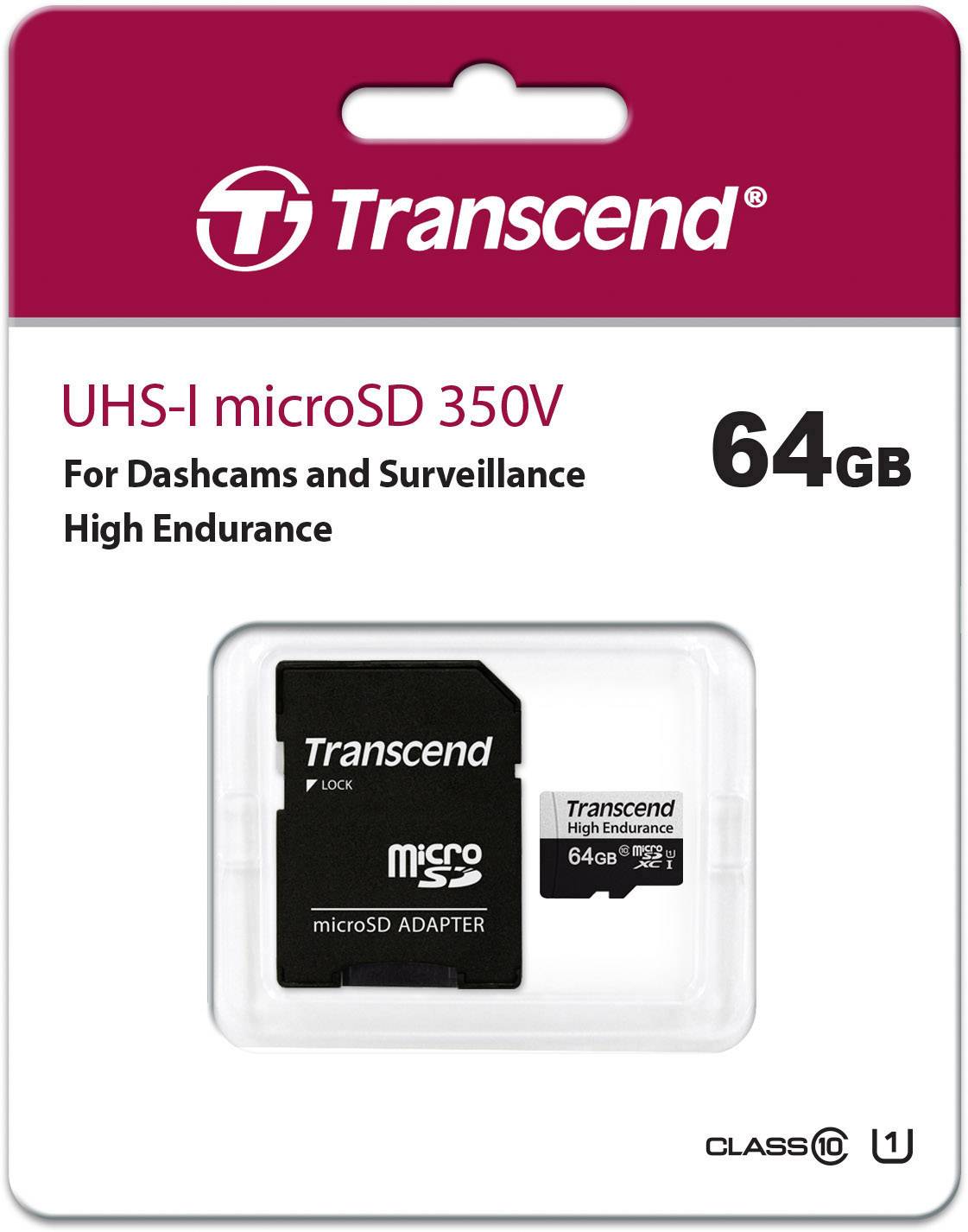 Pamäťová karta Transcend UHS-I microSD 350V, 64GB, vhodná pre palubné kamery a monitorovanie, s vysokou odolnosťou.