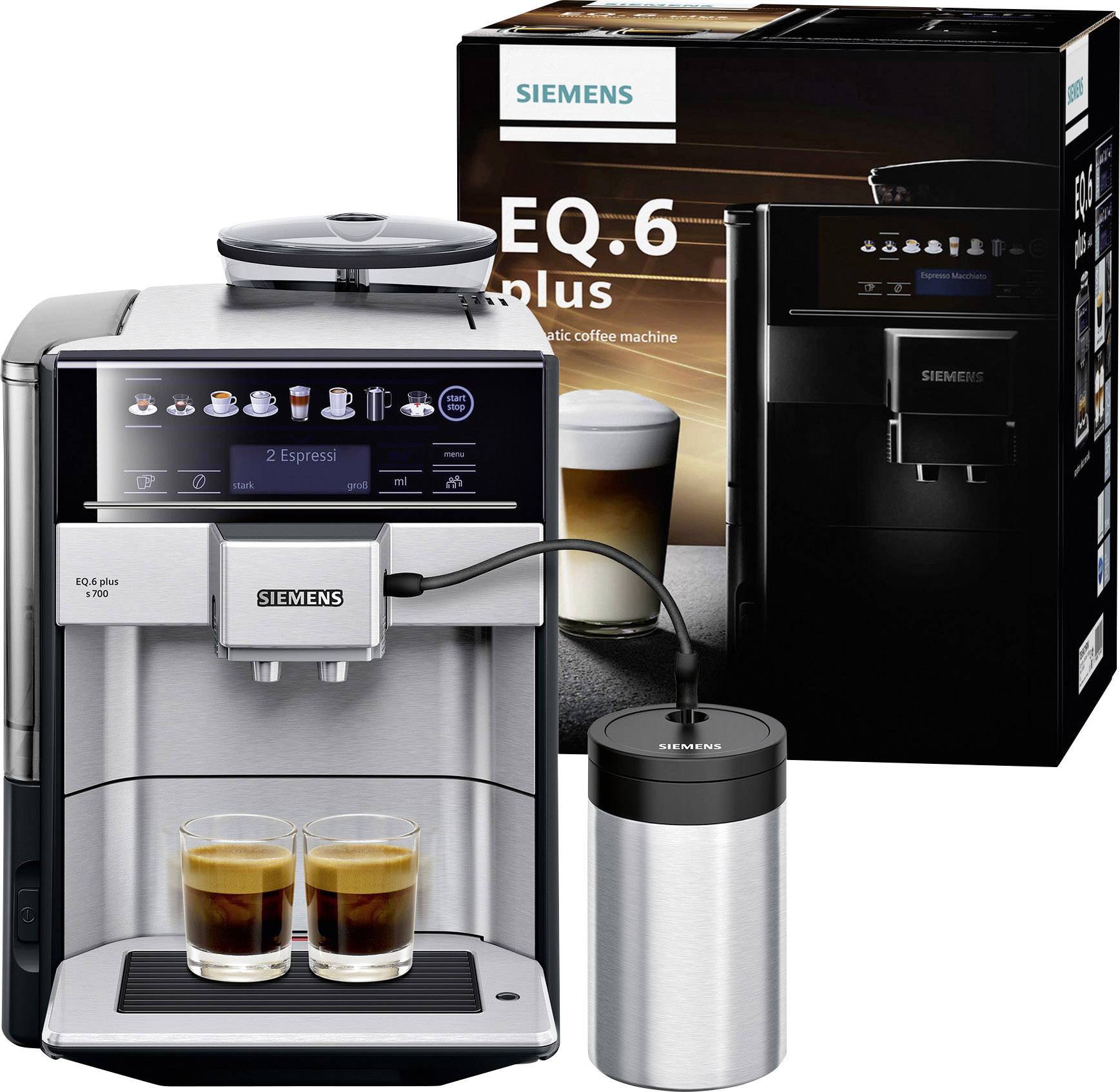 Automatický kávovar Siemens, model EQ.6 plus, s dvoma espresami a nádobou na mlieko. Balenie v pozadí.