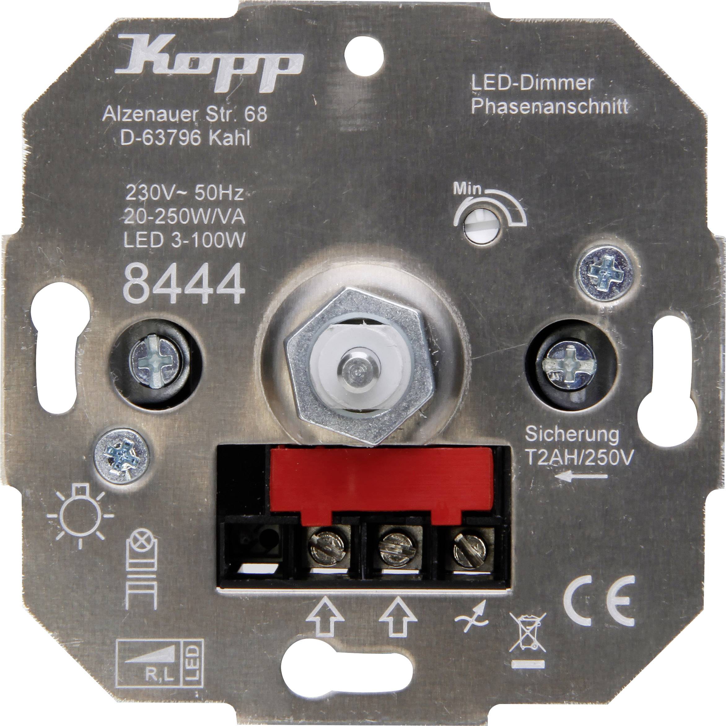 LED-stmievač s rezaním fázy od Kopp, model 8444. Napätie: 230V, 50Hz. Výkon: 20-250W/VA. Poistka: T2A/250V.