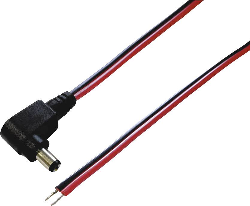 Čierny elektrický kábel s červeným a čiernym koncom drôtu a uhlovou zástrčkou na druhej strane.