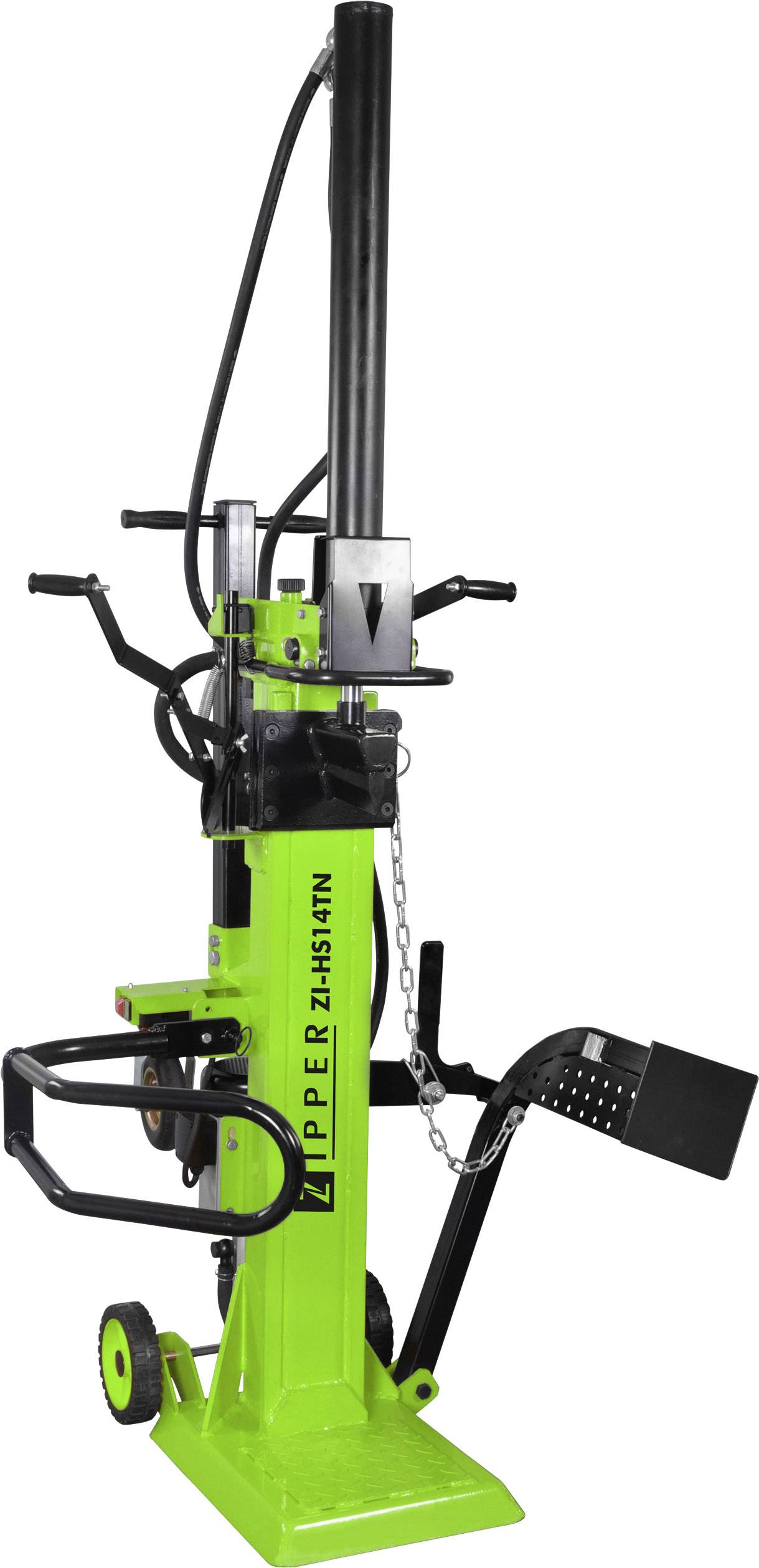 Zelený štiepač dreva s hydraulickým pákovým mechanizmom a kolieskami pre ľahkú mobilitu. Model 'Zipper ZI-HS14TN'.