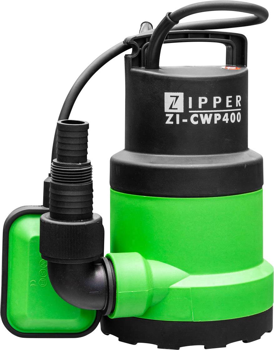 Zelená vodná pumpa s čiernou rukoväťou a čiernym nápisom 'ZIPPER ZI-CWP400', vhodná na čerpanie vody.